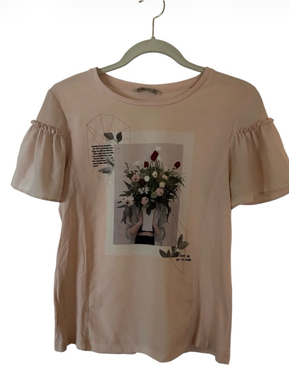 Stradivarius Blush Pink Floral Print Short‎ Sleeve Top Sz S